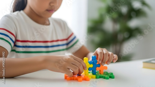 Child playing with colorful plastic puzzle pieces on a table
