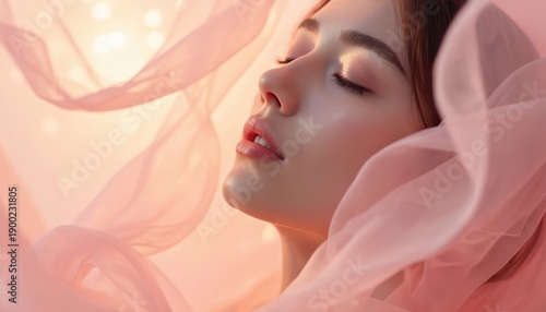 Young woman face closed eyes soft pink fabric gentle light glow effect. Smooth skin healthy cosmetic beauty care. Female natural subtle makeup glamour.