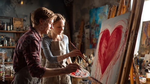 couple painting a heart on a canvas together in a cozy art studio, Valentinea??s creative moment, 8k, realistic, full ultra HD, high resolution, cinematic photography