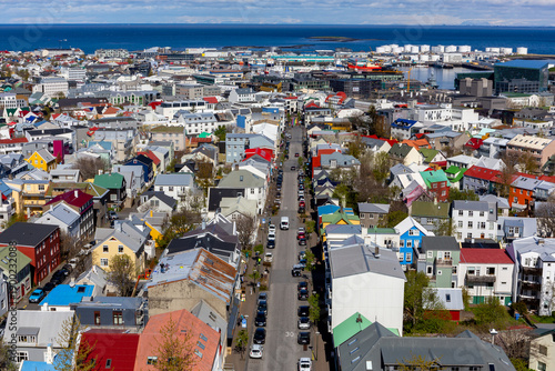 Symmetrical Reykjavik Cityscape Along Skolavordustigur Street with Rainbow Art.