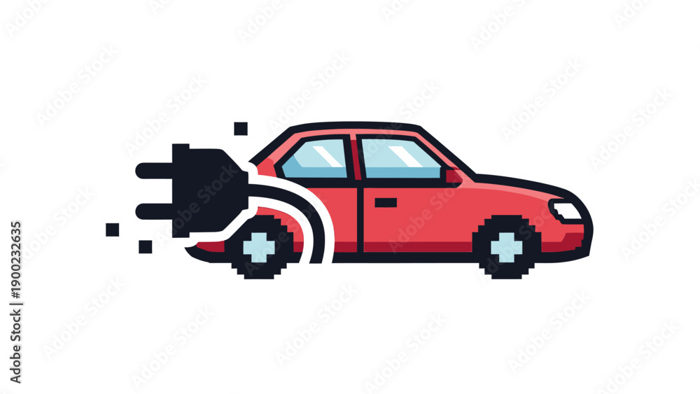 Fototapeta premium Vector illustration of a pixelated red car with a charging plug, symbolizing electric power