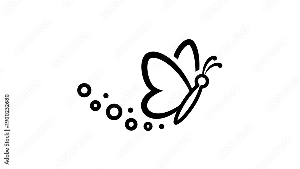 Fototapeta premium A minimalist, black line art illustration of a stylized butterfly and accompanying bubbles