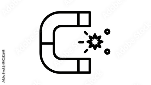 Black and white icon depicts a horseshoe magnet with a starburst shape near it and dots