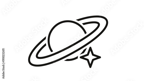 A black and white line art image of a planet with rings and a four-pointed star