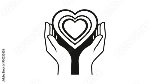 Black and white illustration of hands cradling a layered heart symbol