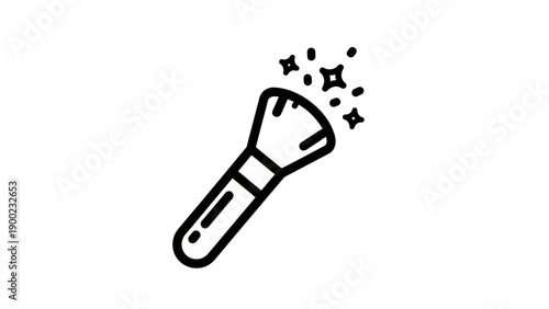 A black and white graphic of a makeup brush with sparkles emanating from the brush head