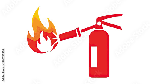 Red fire extinguisher graphic with flames on a white background, suggesting fire safety