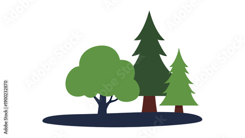 Stylized illustration of a landscape featuring three trees on a dark blue base