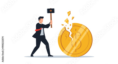 Focused businessman in a suit striking a giant golden dollar coin with a sledgehammer, symbolizing financial stress.