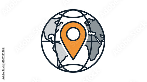 An orange pin points to a location on an outline globe. The Earth is within a grid