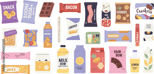 Assorted packaged snacks and beverages collection including cookies, crackers, chocolate, milk, juice, and energy drinks isolated vector illustration set