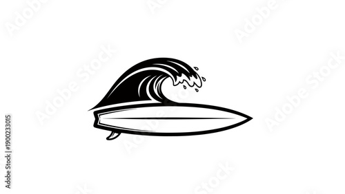 A black and white graphic of a surfboard with a large wave. Minimalistic design