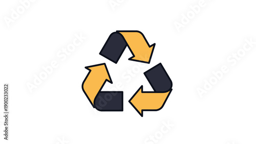 A triangular recycling symbol with yellow arrows and dark gray blocks on a white background