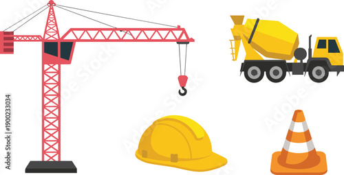 Construction equipment illustration featuring tower crane cement mixer truck safety helmet traffic cone for industrial building site vector design