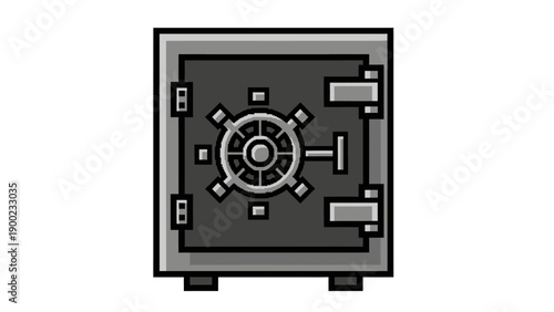 Pixelated, grey safe with a circular locking mechanism and door