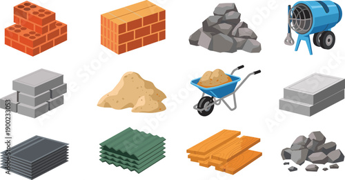 Construction materials illustration set featuring bricks cement sand gravel wood concrete mixer wheelbarrow stone blocks for building industry vector design