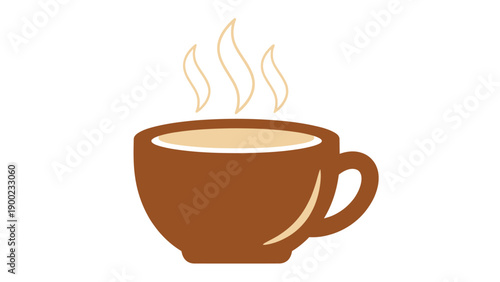 A brown coffee mug with steam rising. Light beige liquid within. Minimalist design