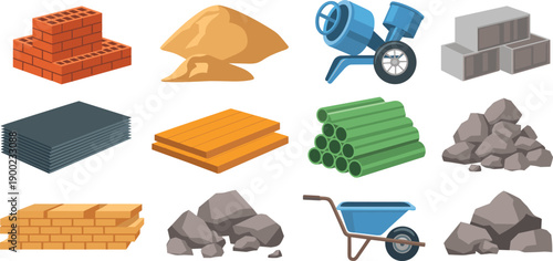 Construction materials illustration set showing bricks sand gravel concrete blocks wood planks pipes cement mixer wheelbarrow for building industry vector