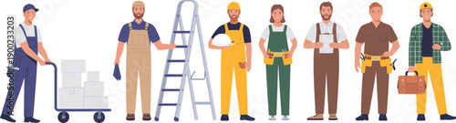 Construction workers team illustration featuring diverse professionals wearing uniforms tools ladder boxes for industrial building maintenance services vector design collection