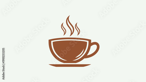 A brown coffee cup, steam rising above. Sitting on a saucer. Simple, solid color design