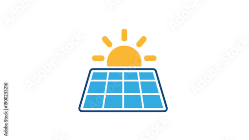 A sun radiates rays above a blue solar panel, set against a white background