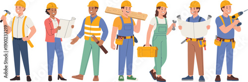 Construction workers team illustration showing diverse professionals wearing helmets using tools blueprints for building industrial work vector design collection set