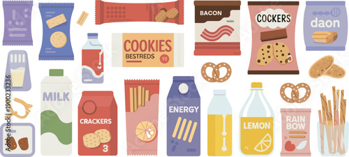 Assorted packaged snack foods and beverages including cookies, crackers, milk, lemon drinks, pretzels, and energy bars vector illustration