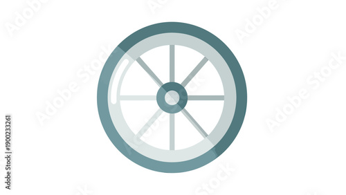 A flat, graphic illustration of a wagon wheel with teal and grey tones, centered on white