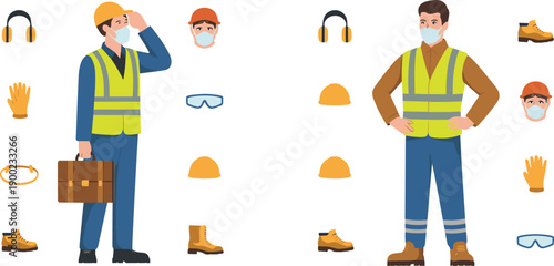 Construction workers wearing personal protective equipment set illustration featuring safety helmets gloves boots masks goggles headphones for industrial workplace vector