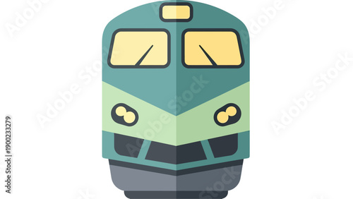A frontal cartoon view of a teal and yellow train with geometric design and headlights