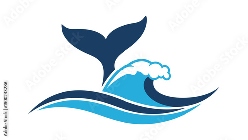 A stylized whale tail breaches the water, creating stylized waves. Navy and light blue colors