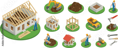 Isometric house construction process showing building framework, workers, tools, machinery, excavation, and residential development stages vector illustration