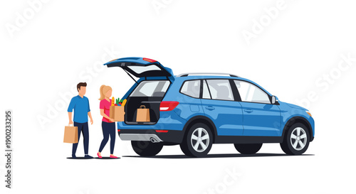 Couple diligently loading grocery bags into the open trunk of their blue SUV after a successful shopping trip.