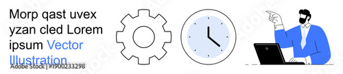 Workflow optimization, time management, productivity, teamwork, business strategy, digital tools. Gear, clock and man with laptop . Workflow optimization and time management concept