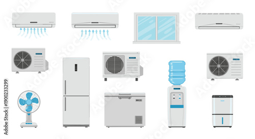 Collection of essential home cooling and refrigeration appliances including air conditioners, refrigerator, and fan.
