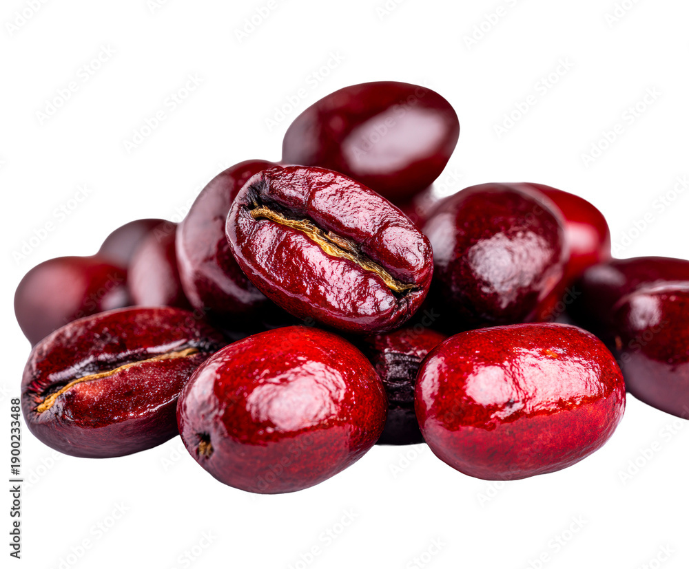 Obraz premium Delicious roasted coffee beans piled together, revealing their glossy texture and rich, deep red color, ready for brewing a flavorful beverage.