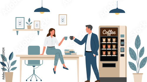 Office coffee break illustration with coworkers sharing drinks near vending machine promoting workplace communication, relaxation, productivity, and modern corporate culture