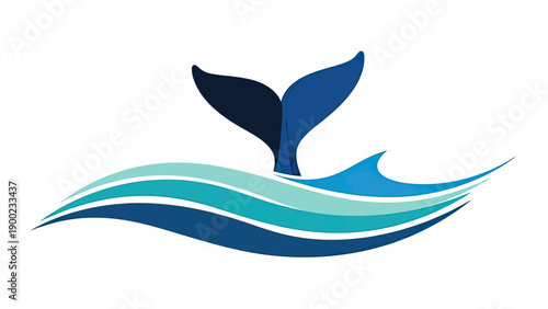 Abstract logo of whale tail breaching waves, using layered blues and teals