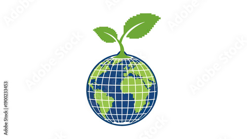 An oval-shaped Earth with grid lines, green landmasses, and a green plant sprouting from the top