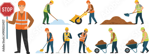Road construction workers illustration set featuring traffic controller stop sign broom shovel wheelbarrow soil digging industrial safety vector design