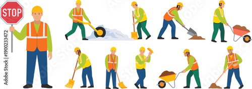 Road construction workers illustration set featuring traffic controller stop sign broom shovel wheelbarrow street maintenance industrial safety vector