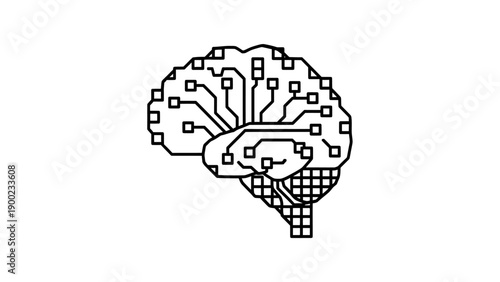Black outline image of a brain-shaped circuit board on white