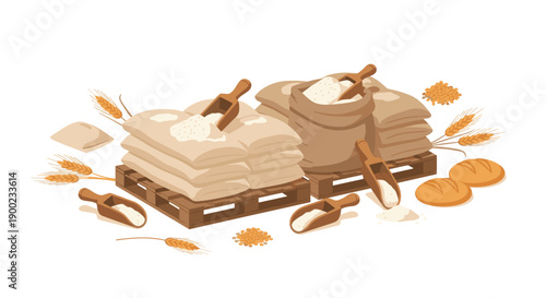 Isometric depiction of flour sacks on pallets, wooden scoops, loose grains, and baked bread, showcasing agriculture.