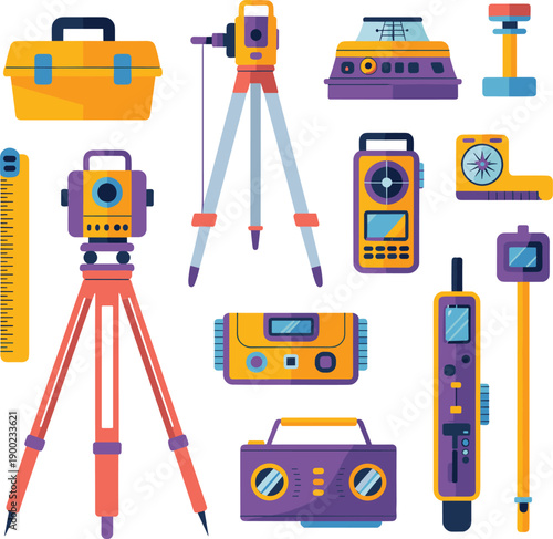 Surveying and construction measurement tools vector illustration set featuring tripod level ruler toolbox devices flat design equipment