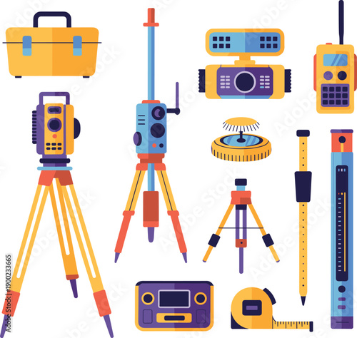 Surveying measurement tools vector illustration set with tripod levels laser devices rulers toolbox construction engineering equipment flat design professional isolated