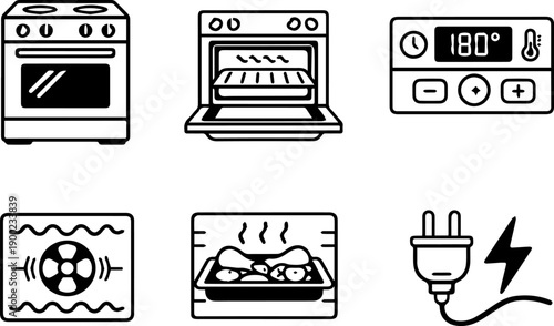 Electric oven elements and cooking settings icons.
