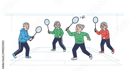 Energetic senior citizens actively playing badminton on an indoor court, promoting healthy aging and social activity.