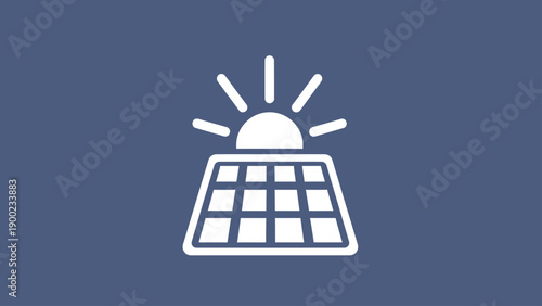 A white sun beaming above a solar panel on a blue background