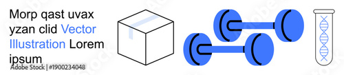 Science, fitness, biology, strength training, data analysis, education. DNA helix, dumbbells and cube outline in blue. Science and fitness intersect in this conceptual visual