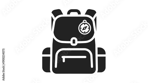 A stylized black backpack icon with compass detail, on a white background